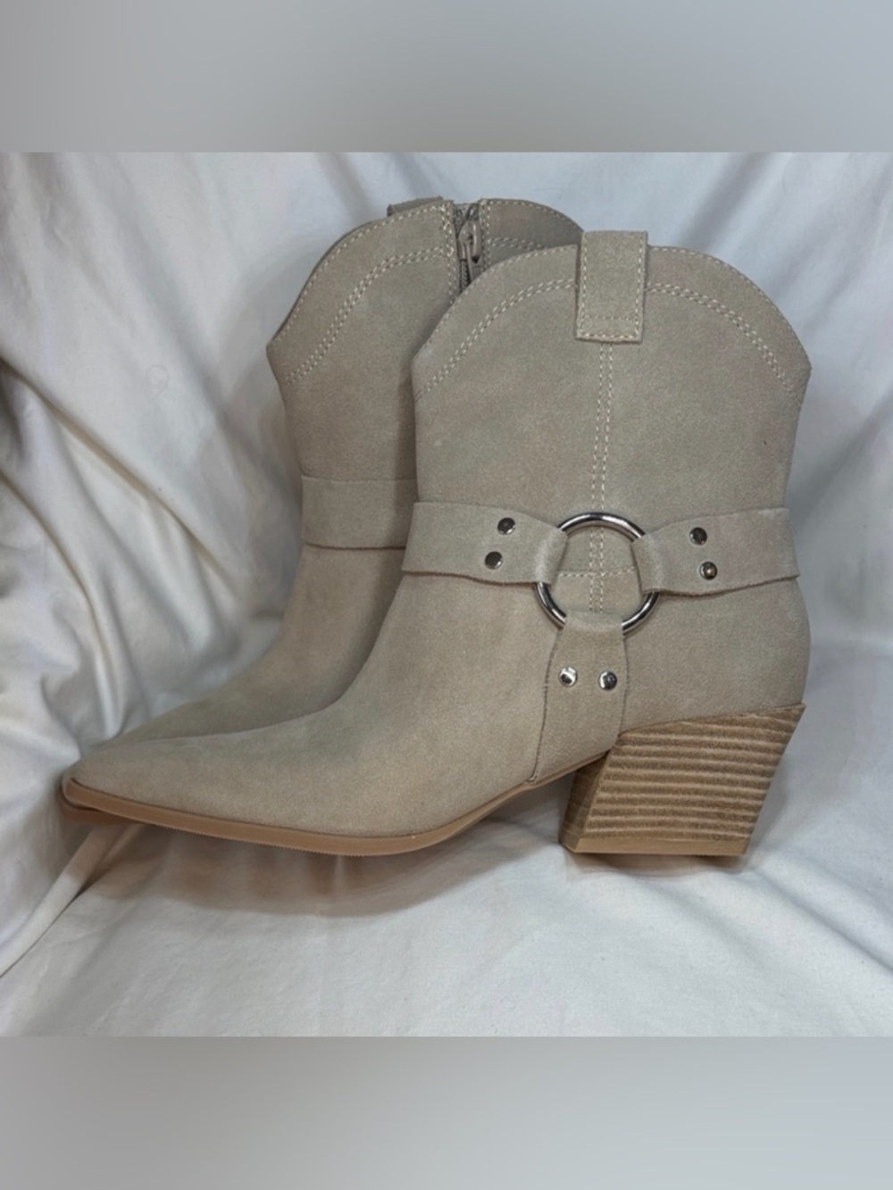Women's Taupe Suede Western Booties with Ring Detail side zip, size 8
